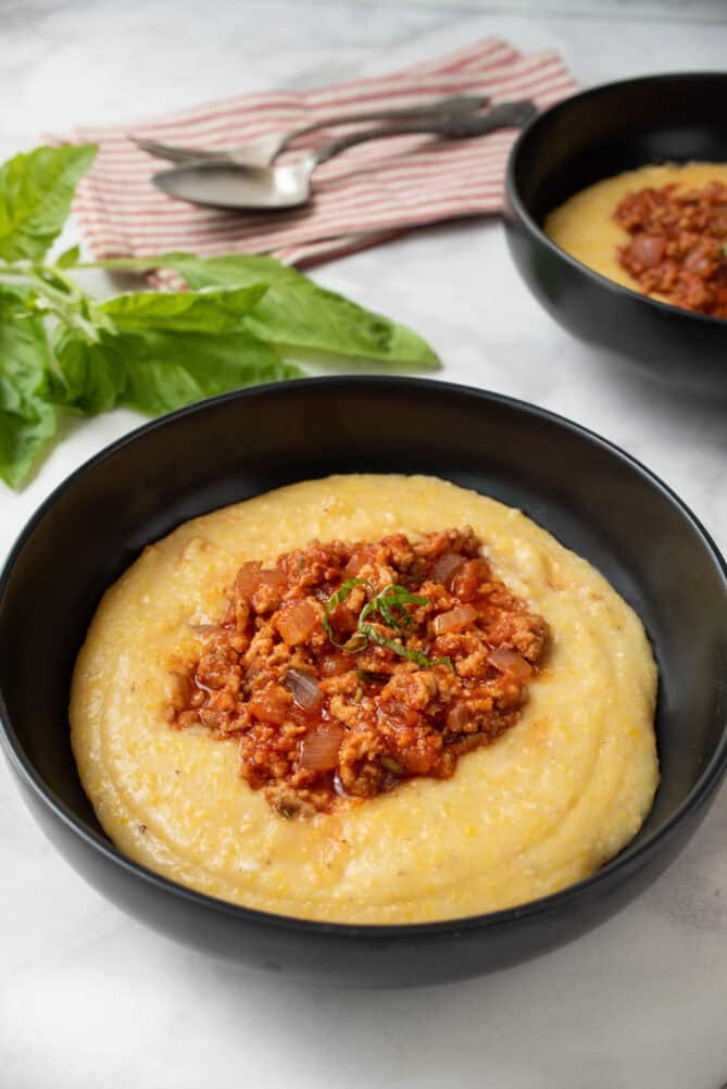 Meaty Italian sausage ragu on top of polenta