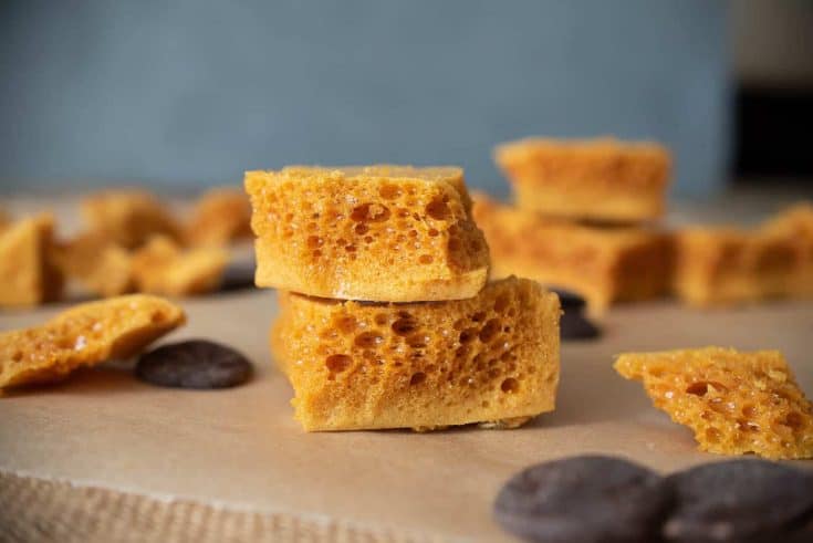 2 pieces of Cinder Honeycomb Toffee stacked one another