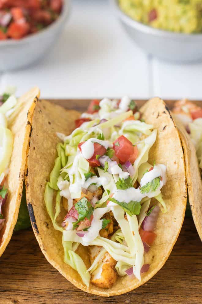A closeup of a fish taco