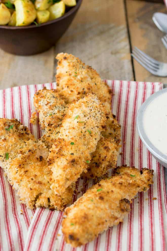 A closeup showing the crispy breading on the chicken
