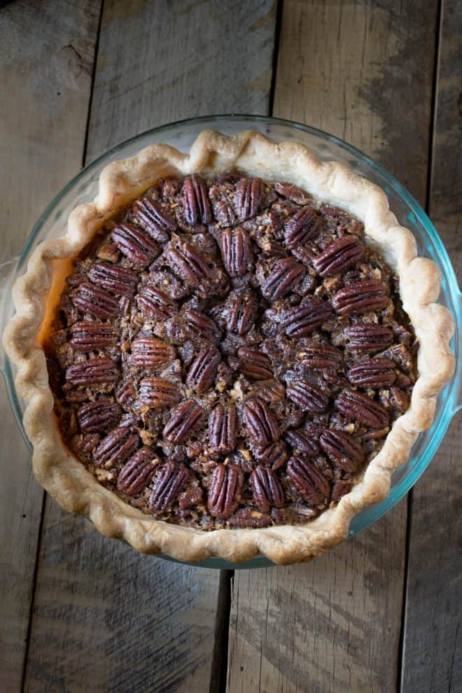 Bourbon Pecan Pie Bourbon Pecan Pie from above showing the decorative pattern of the pecans on top