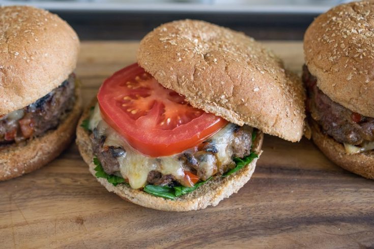 A closeup showing the melted cheese and tomato on a wheat bun
