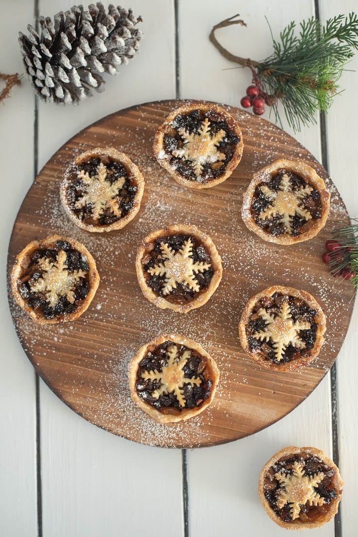An overhead image of the pies with holiday decorations