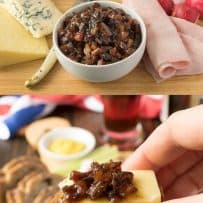Pickle relish in a white bowl and on top of cheese