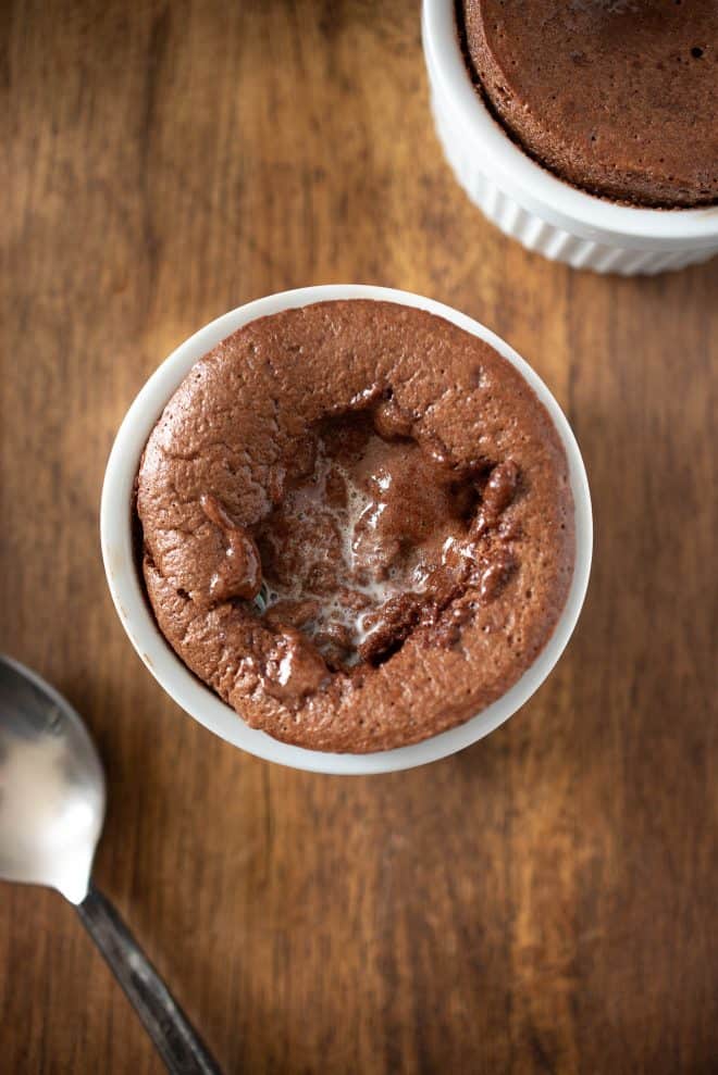 The inside of the soufflé with vanilla sauce