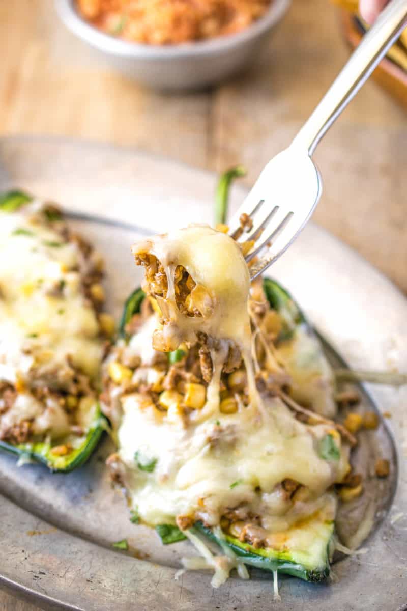 A meaty cheese bite on a fork