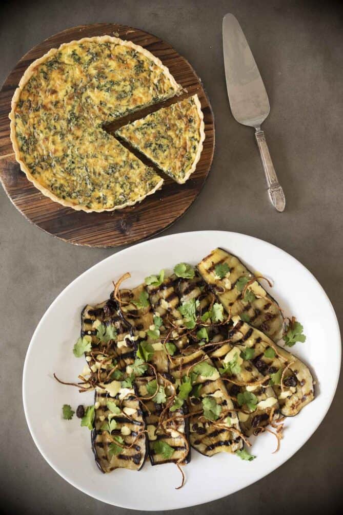 A quiche and grilled eggplant