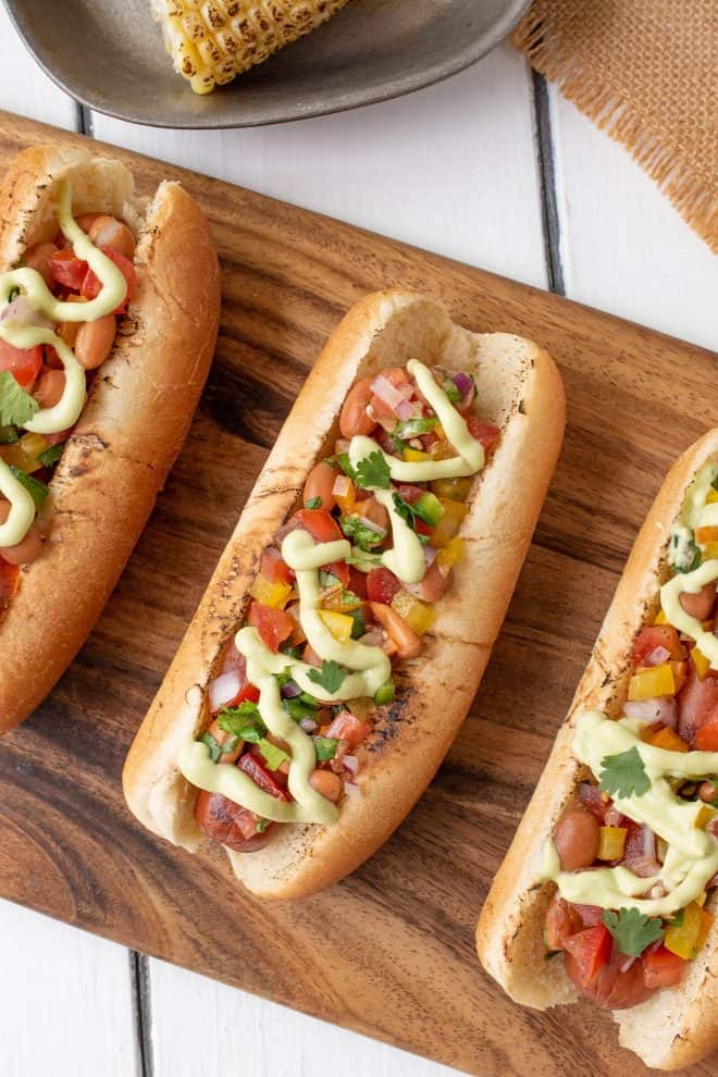 The hot dogs viewed from overhead