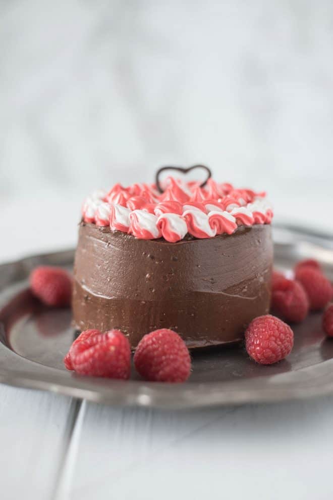 A side view of the cake showing the chocolate frosting