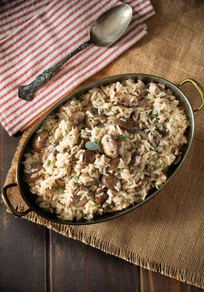 An overhead view of a bowl of rice pilaf