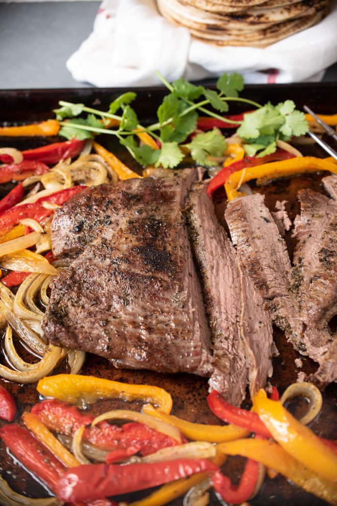 Sliced beef, onions and peppers ready to make fajitas