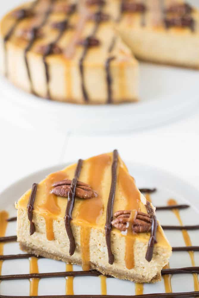 A slice of pumpkin cheesecake on a plate