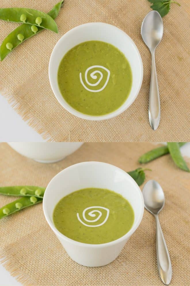 Pea soup viewed from overhead and also from the side