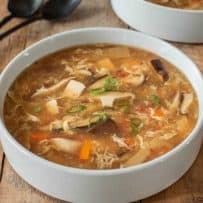 A white bowl filled with vegetarian Chinese hot and sour soup