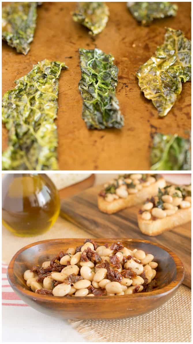 Crispy kale on a baking sheet and a wood bowl of cannellini beans and sun-dried tomatoes